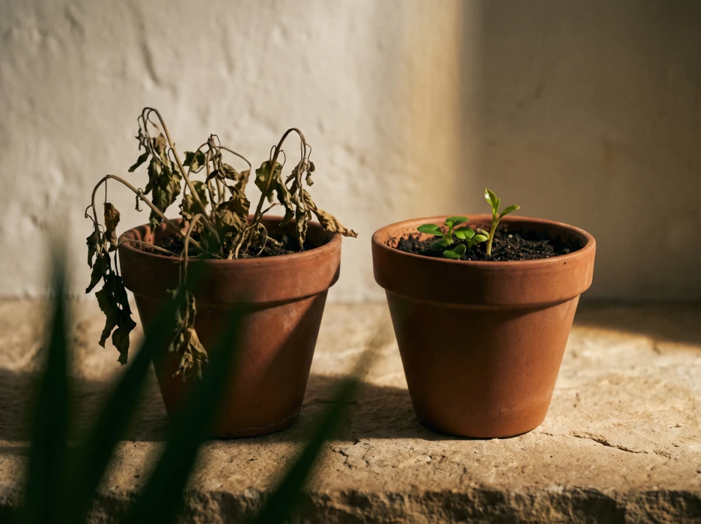 A wilted plant beside an identical plant freshly sprouting new leaves, symbolizing respect returning after being lost.