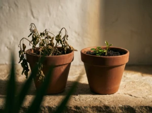 A wilted plant beside an identical plant freshly sprouting new leaves, symbolizing respect returning after being lost.
