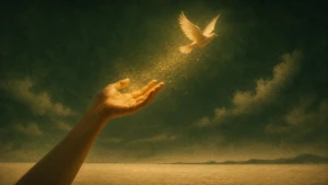 An open hand releasing light into a soft evening sky, symbolizing the release of forgiveness