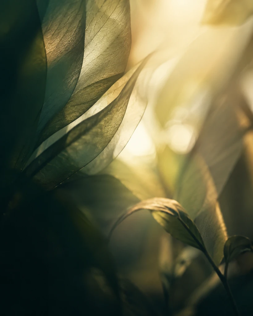 Close-up of green leaves with warm sunlight filtering through, symbolizing growth and renewal