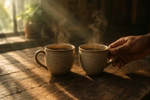 Two ceramic cups on a wooden table with steam rising in morning light, symbolizing small everyday acts of love