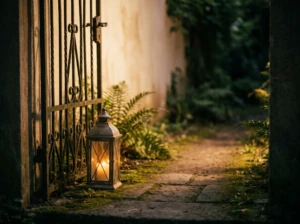 A lit lantern beside an open garden gate, symbolizing leadership that guides rather than controls.