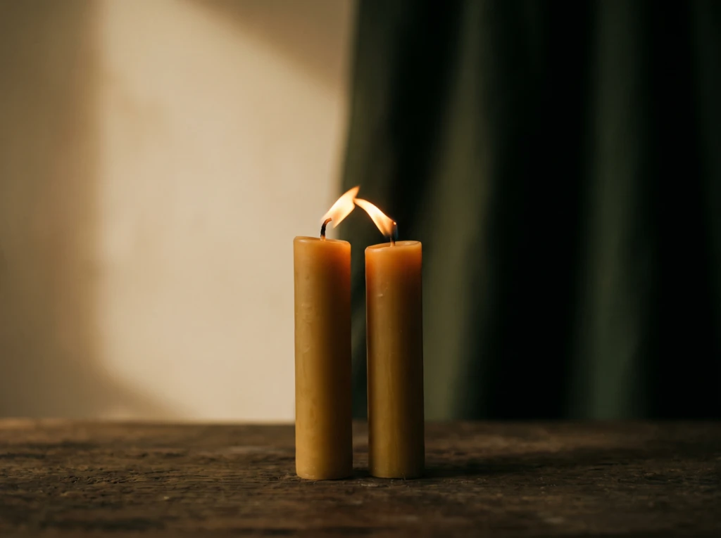 Two candles burning close together, their flames beginning to merge, symbolizing emotional and physical intimacy.