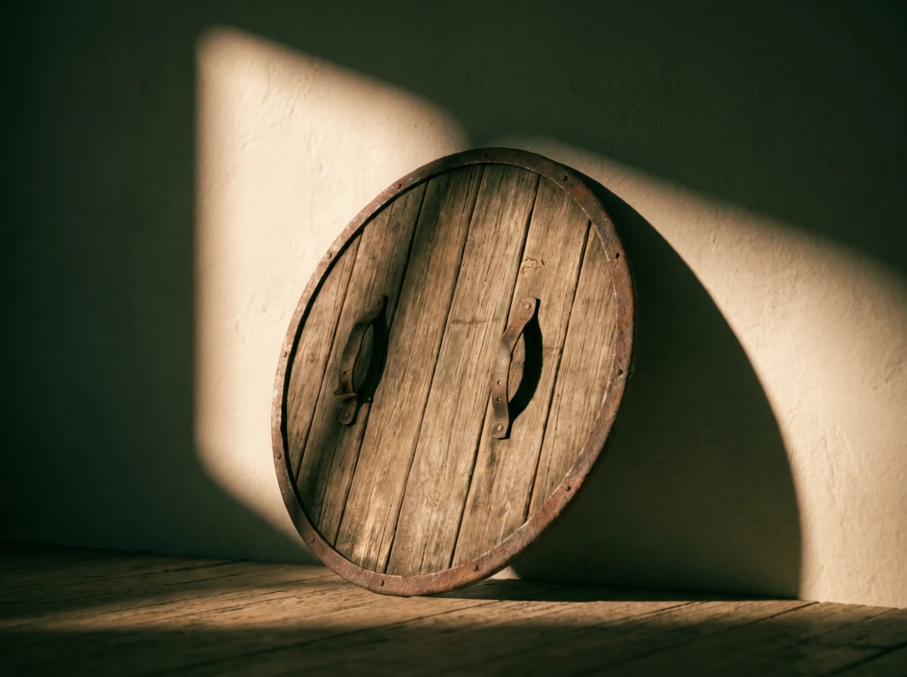 A weathered wooden shield catching soft light, symbolizing protecting a husband's dignity.