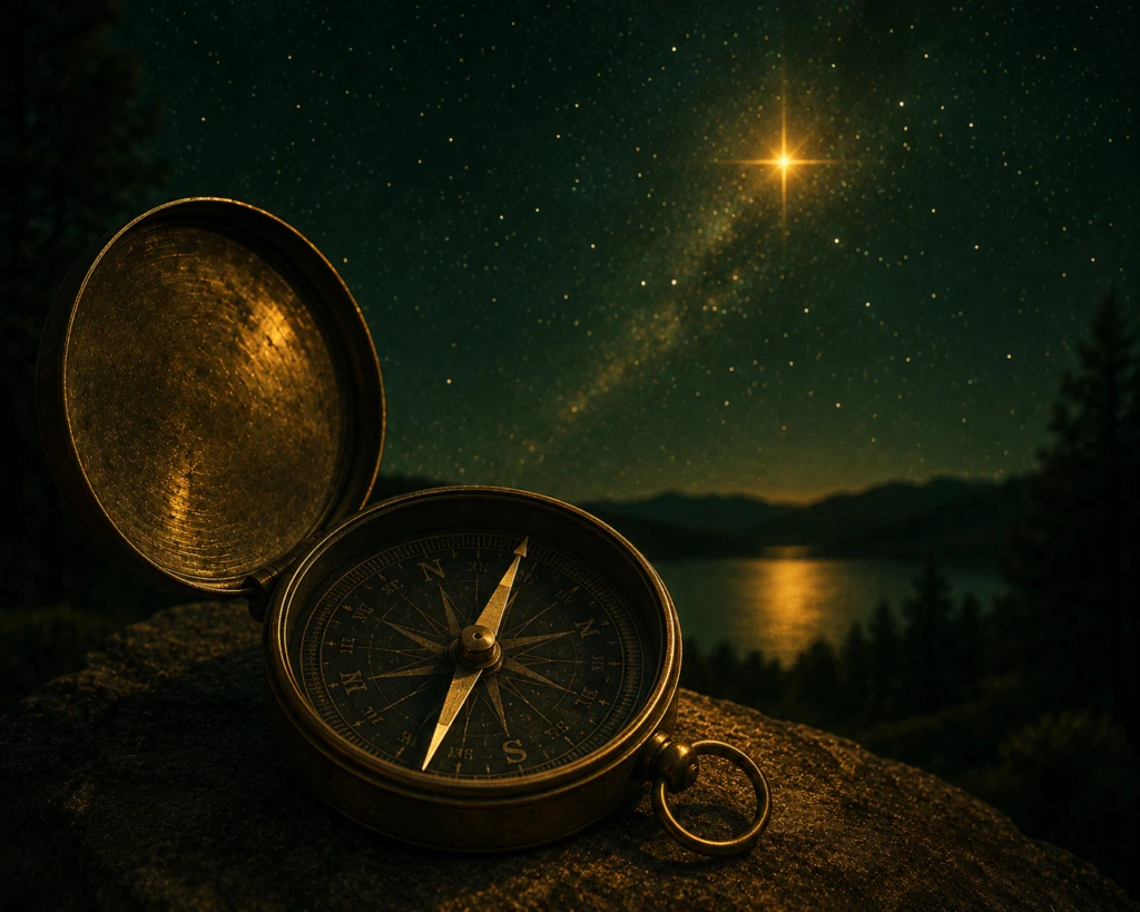 An old brass compass with its needle pointing steadily toward a single star in a night sky, symbolizing faithfulness