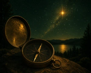 An old brass compass with its needle pointing steadily toward a single star in a night sky, symbolizing faithfulness
