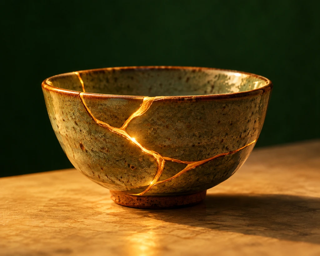 A ceramic bowl with a crack repaired in glowing gold seams, kintsugi style, symbolizing forgiveness and repair
