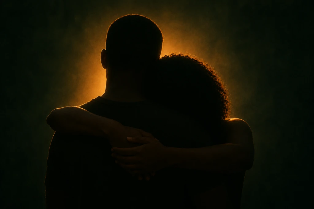 Two silhouetted figures embracing gently from behind in warm amber light, symbolizing physical affection