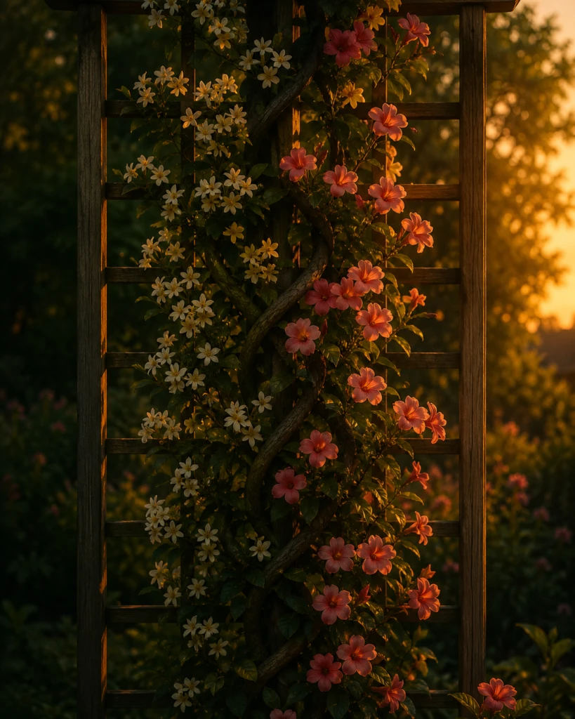 Two flowering vines intertwined around a wooden trellis, blossoms opening together, symbolizing mutual sexual intimacy