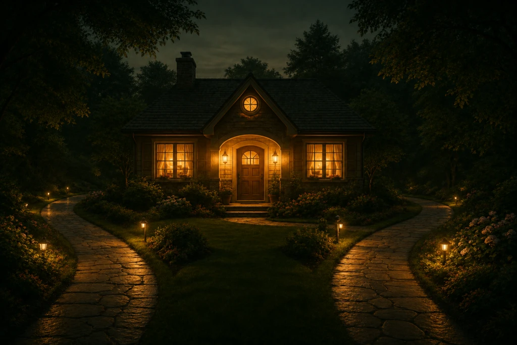 A warmly lit house with two garden paths approaching from either side and meeting respectfully at the same doorstep, symbolizing boundaries with extended family