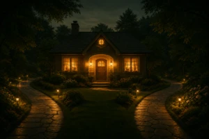 A warmly lit house with two garden paths approaching from either side and meeting respectfully at the same doorstep, symbolizing boundaries with extended family