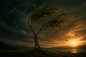 Two tree branches bent together by wind but still intertwined and rooted in the same soil, symbolizing love holding together through conflict
