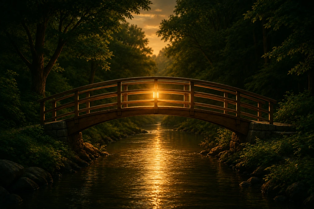 A wooden footbridge arching over a calm river connecting two forested banks, symbolizing open communication between spouses