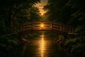 A wooden footbridge arching over a calm river connecting two forested banks, symbolizing open communication between spouses