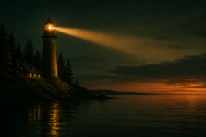 A small lighthouse on a calm coastline at dusk with a steady warm beam, symbolizing emotional security and consistency