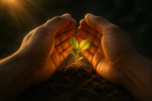 Cupped hands shielding a small green seedling from the wind, symbolizing protection without control