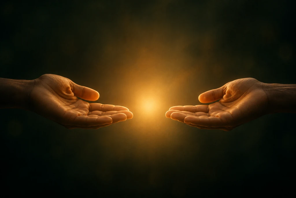 Two open hands held level and equal with warm amber light glowing between them, symbolizing mutual respect