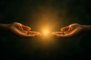 Two open hands held level and equal with warm amber light glowing between them, symbolizing mutual respect