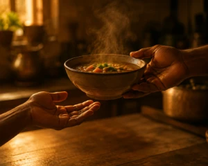 One hand offering a warm bowl of food to another open hand, symbolizing love expressed through service