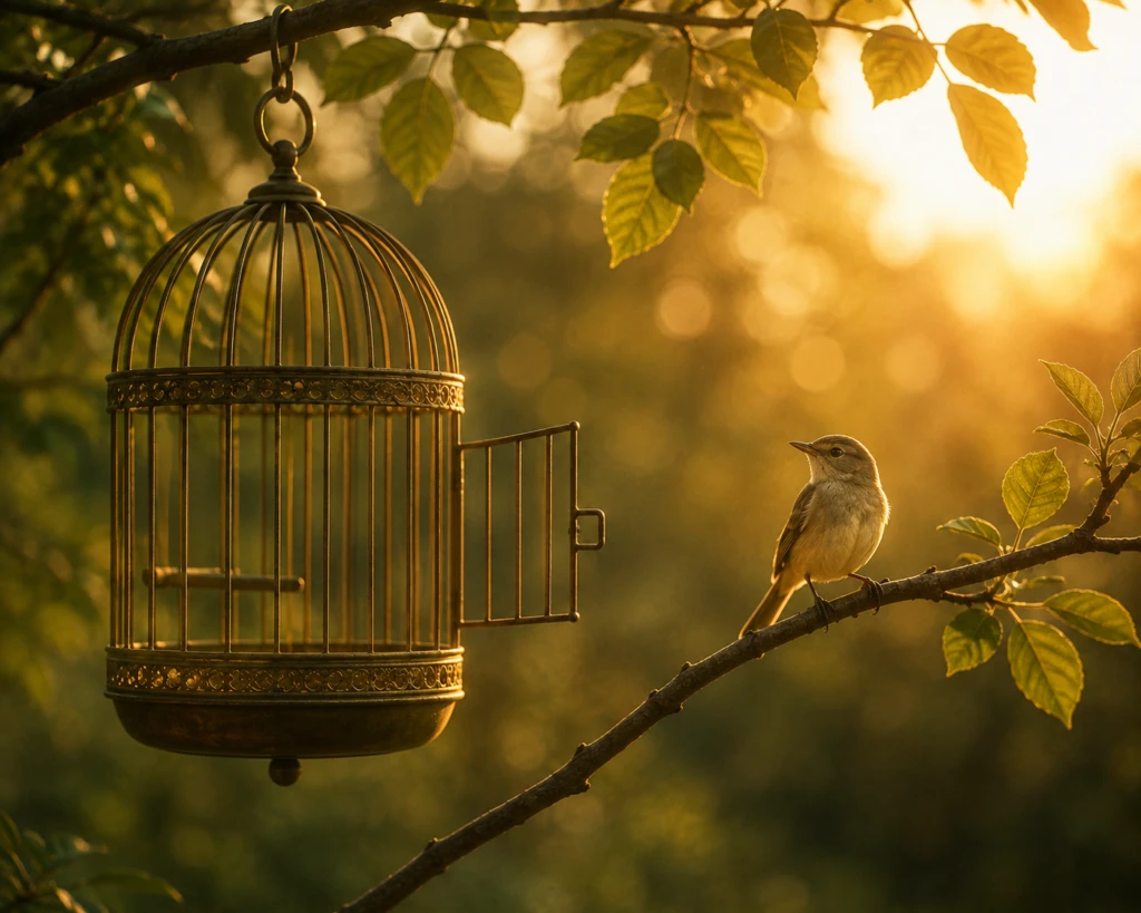 An open birdcage with its door unlatched and a small bird perched calmly nearby, symbolizing trust over control