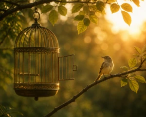 An open birdcage with its door unlatched and a small bird perched calmly nearby, symbolizing trust over control