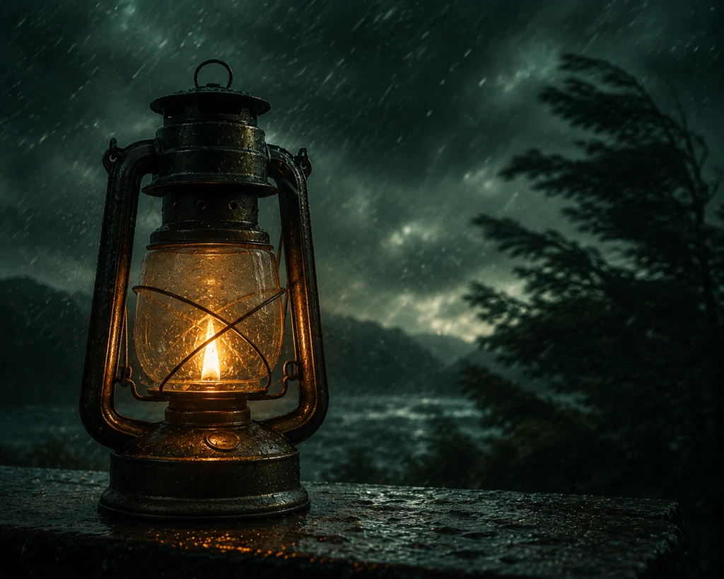 A lantern with a steady flame inside its glass while rain and wind swirl outside, symbolizing steadiness through hardship
