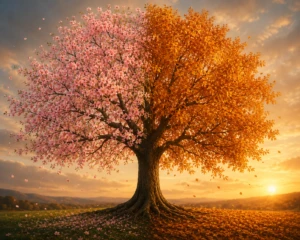 A single tree with one side in spring blossom and the other in autumn gold, symbolizing love enduring through changing seasons of life