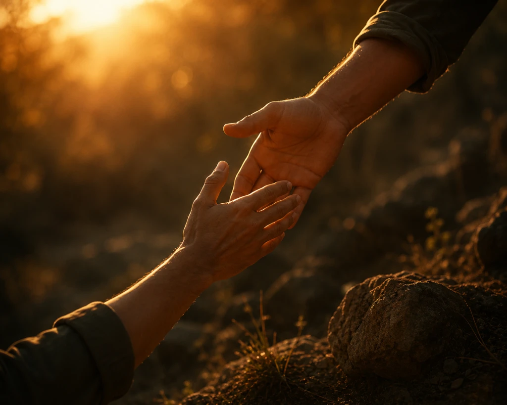 One hand reaching down to help another hand up from the ground, symbolizing grace and correction without humiliation