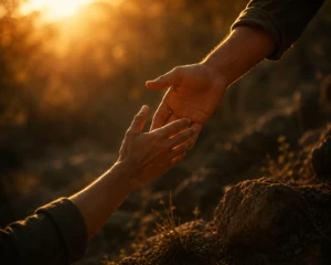 One hand reaching down to help another hand up from the ground, symbolizing grace and correction without humiliation