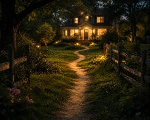 A dirt path worn smooth by repeated footsteps leading toward a warmly lit home, symbolizing love shown through consistent repeated action