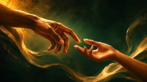 Two intertwined silhouetted hands reaching toward each other in warm amber light, symbolizing intimacy and connection
