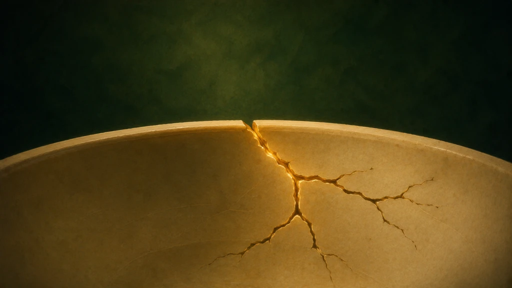 A hairline crack branching and widening across a warm ceramic surface, symbolizing a small conflict escalating