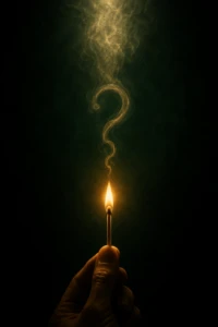 A single lit match in darkness, curling smoke briefly forming a question mark before dissolving into light, deep forest-green background with warm amber-gold glow