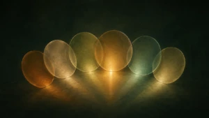 Six translucent tinted glass lenses arranged in an arc, each catching and refracting a single beam of warm amber light differently, symbolizing the different emotional lenses through which people interpret the same events