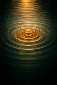 Concentric ripples spreading outward across still dark water from a single point of contact, each ring glowing warmer amber-gold light as it expands, deep forest-green background