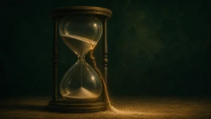 An hourglass slowly leaking sand through a hairline crack in its glass rather than its neck, symbolizing the slow erosion of trust