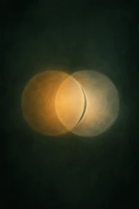 Two overlapping circles of soft light, one warm amber-gold and one pale bone-cream, mostly aligned but with a thin unlit crescent where they do not quite meet, symbolizing the gap between what is said and what is heard in marriage