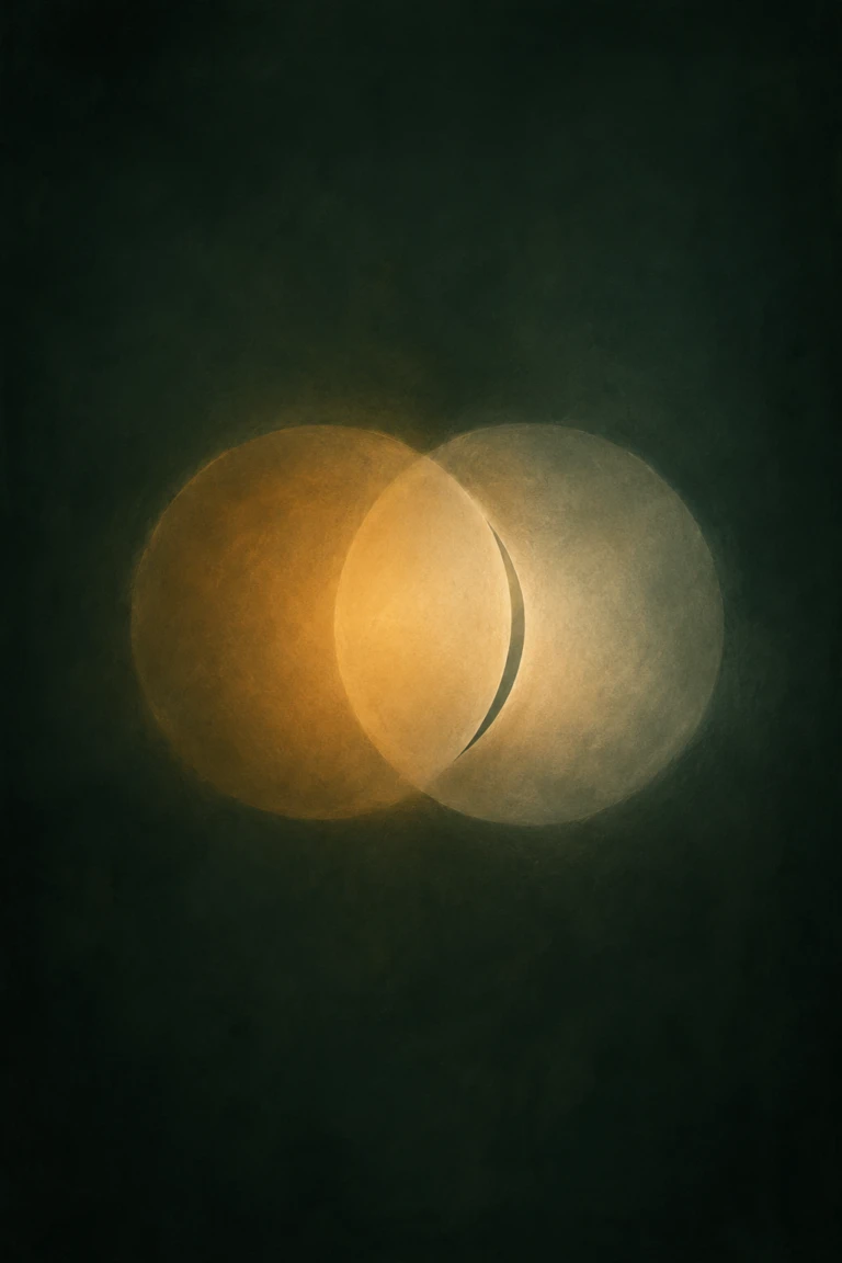 Two overlapping circles of soft light, one warm amber-gold and one pale bone-cream, mostly aligned but with a thin unlit crescent where they do not quite meet, symbolizing the gap between what is said and what is heard in marriage