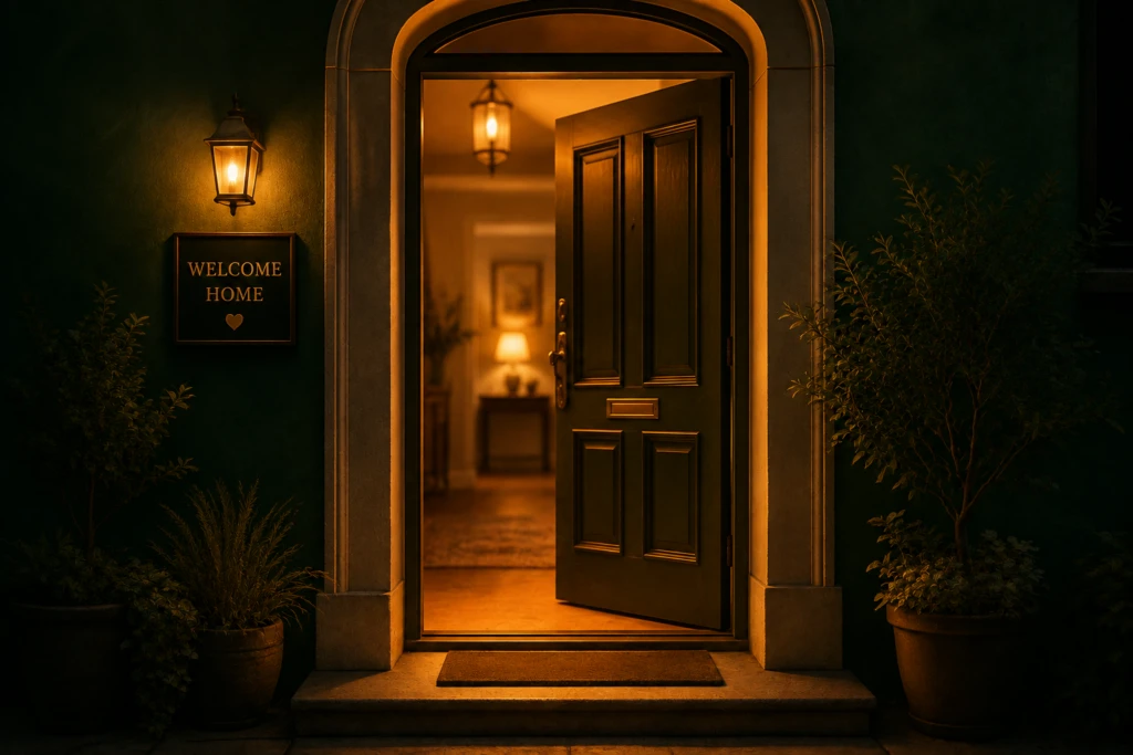 A softly lit open doorway glowing warm amber light against a deep forest-green wall, symbolizing being welcomed and truly seen