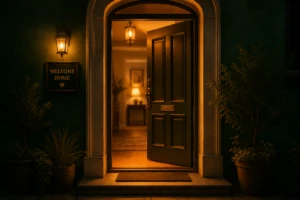 A softly lit open doorway glowing warm amber light against a deep forest-green wall, symbolizing being welcomed and truly seen