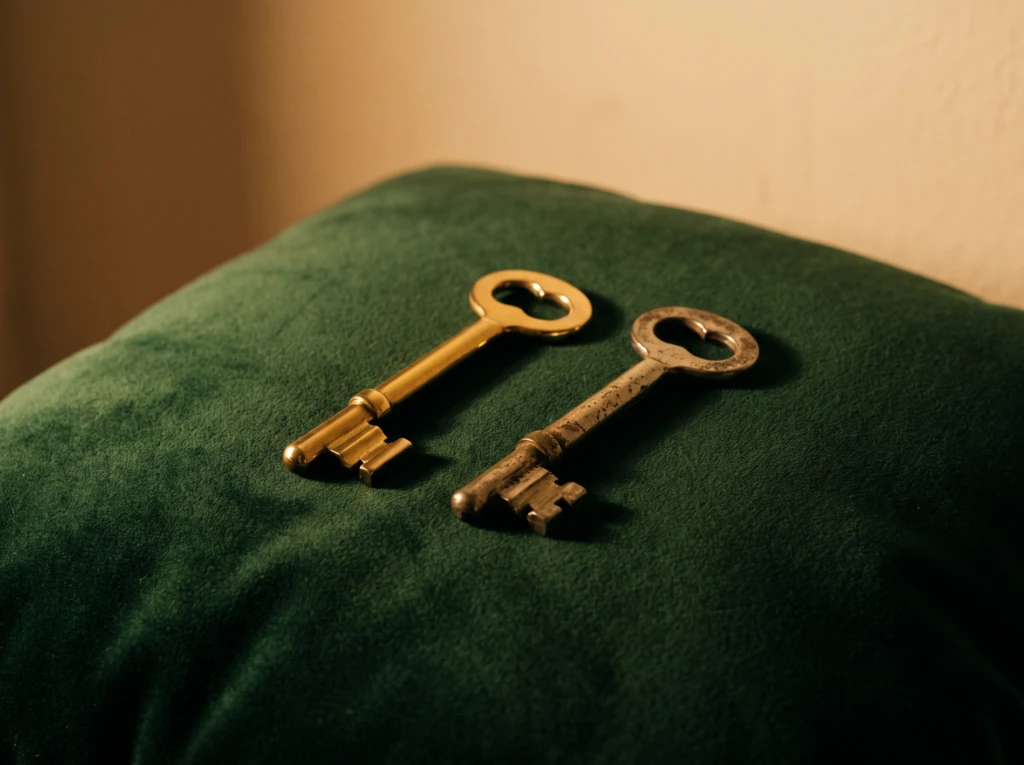 Two matching keys on a velvet cushion, one more worn than the other, symbolizing what a husband owes in return.