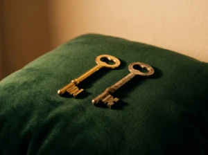 Two matching keys on a velvet cushion, one more worn than the other, symbolizing what a husband owes in return.