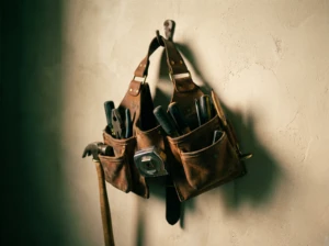 A tool belt hanging neatly with each tool in its place, symbolizing a husband's role in earning respect.