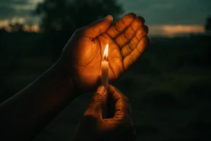 A hand cupping a small lit candle flame steady against a breeze, symbolizing love as a deliberate decision rather than a passing feeling
