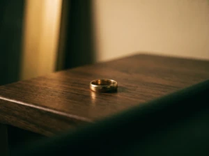 A single wedding ring resting alone on a polished surface, symbolizing loyalty around other women.