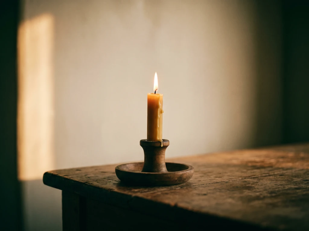 A lit candle standing steady on a wooden table, symbolizing the calm foundation of respect in marriage.