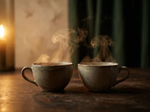 Two teacups facing each other with steam rising from both, symbolizing respectful communication between spouses.