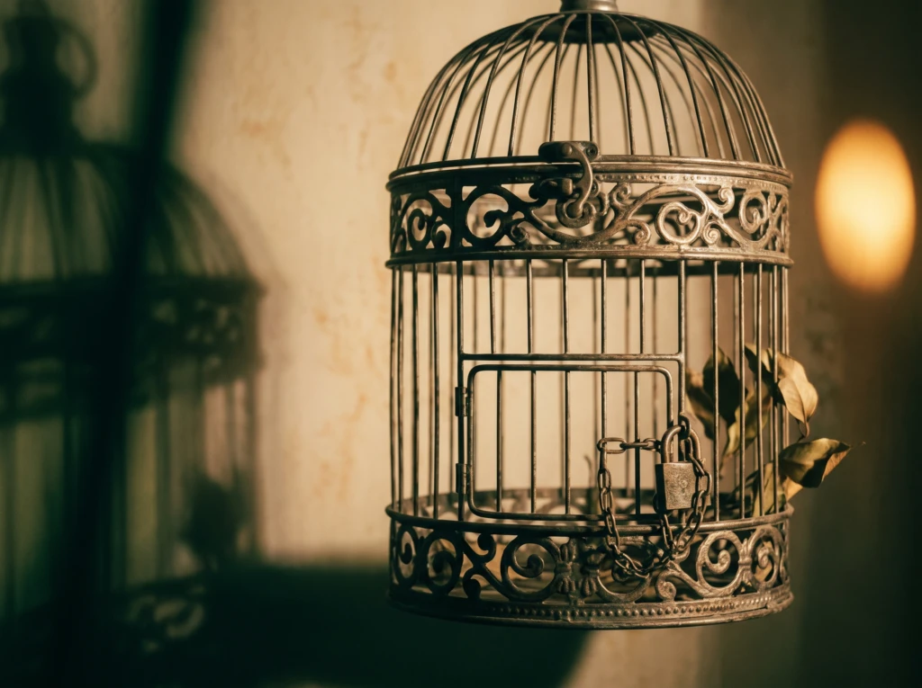 A birdcage door held shut by a small padlock, symbolizing respect being used as a tool for control.