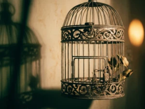 A birdcage door held shut by a small padlock, symbolizing respect being used as a tool for control.