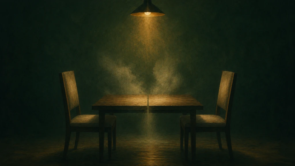 Two empty chairs facing each other across a table with a soft gap of mist between them, symbolizing emotional distance despite closeness